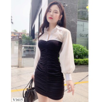 Váy Đen Body Tay Ngực Phối Trắng Trẻ Trung Phong Cách