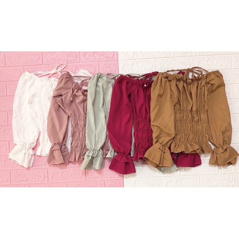 Áo kiểu nhún bo eo kèm dây cột nơ, vải voan đẹp