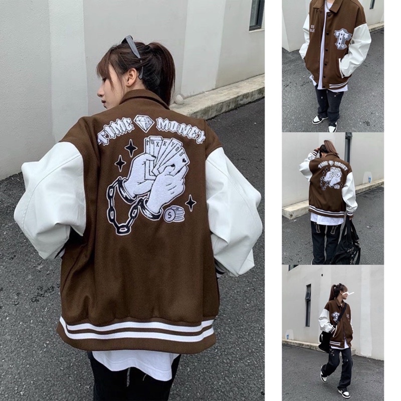 Áo VARSITY JACKET BOMBER TIME MONEY - ÁO BOMBER NỈ IN CHỮ T