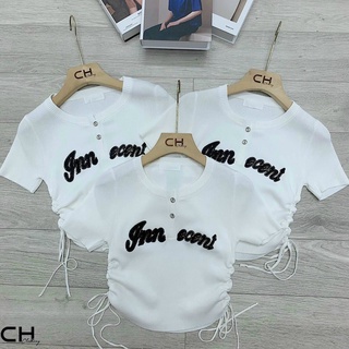 Áo kiểu tay ngắn cài nút in chữ 2 bên rút dây 2 bên eo cực xinh
