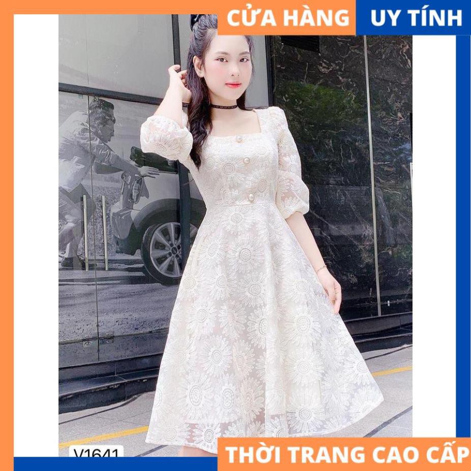 Đầm ren hoa cổ vuông tay lửng 3 nút cực xinh - Misa dress [HÀNG CAO CẤP] | BigBuy360 - bigbuy360.vn
