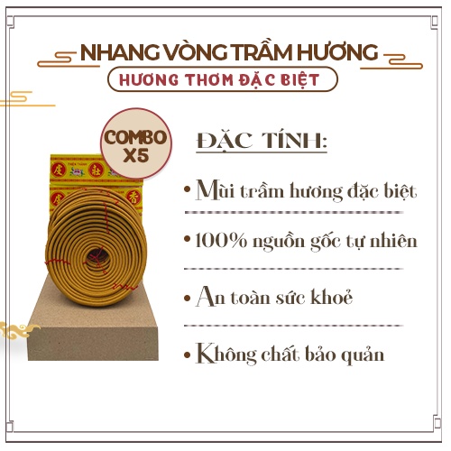 Nhang Vòng Trầm Hương Đặc Biệt Hộp Vàng Thơm 24 Giờ [Tặng Kèm Cây Treo] - Combo 5 Hộp Mỗi Hộp 10 Cuộn
