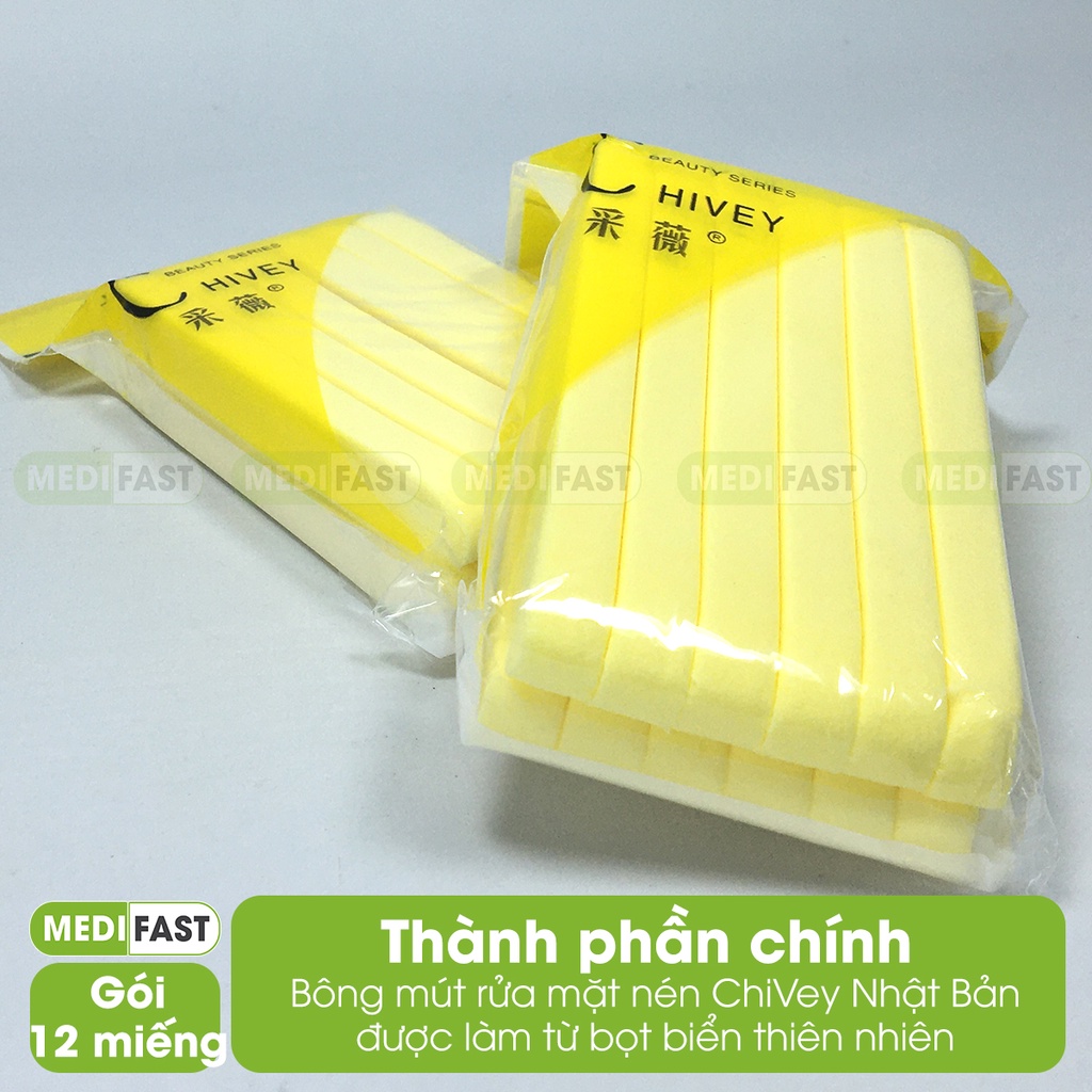 Bông rửa mặt dãn nở Chivey Nhật Bản Gói 12 miếng - Bông rửa mặt, tẩy trang, tẩy tế bào chết trên da