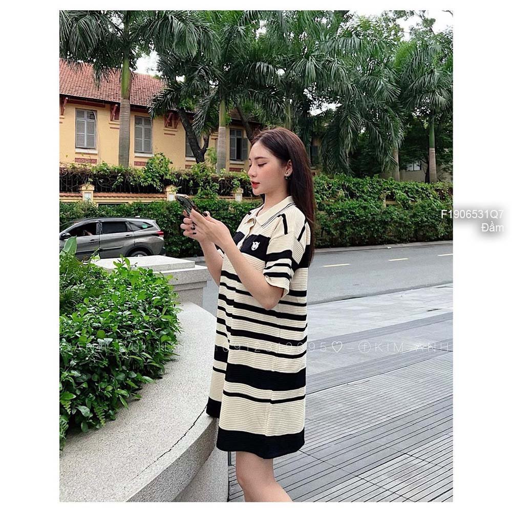 Đầm len suông kẻ sọc cổ bẻ tay ngắn hàng QC!