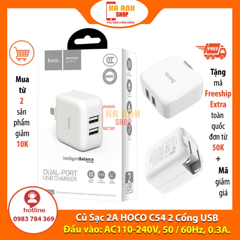 Củ Sạc + Cáp sạc 2A HOCO 2 Cổng USB C54(Tặng mã Freeship Extra toàn quốc)