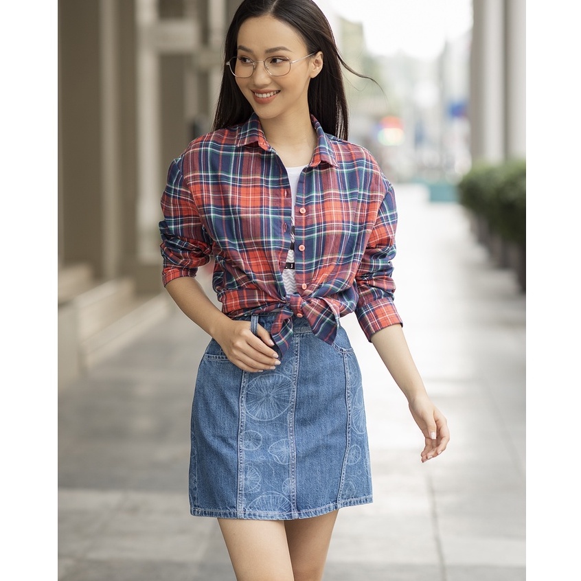 Chân Váy Jeans Nữ Chữ A Dáng Ngắn Cạp Cao GENVIET Chất Bò Mềm Cao Cấp Họa Tiết Phối TJ328J1000