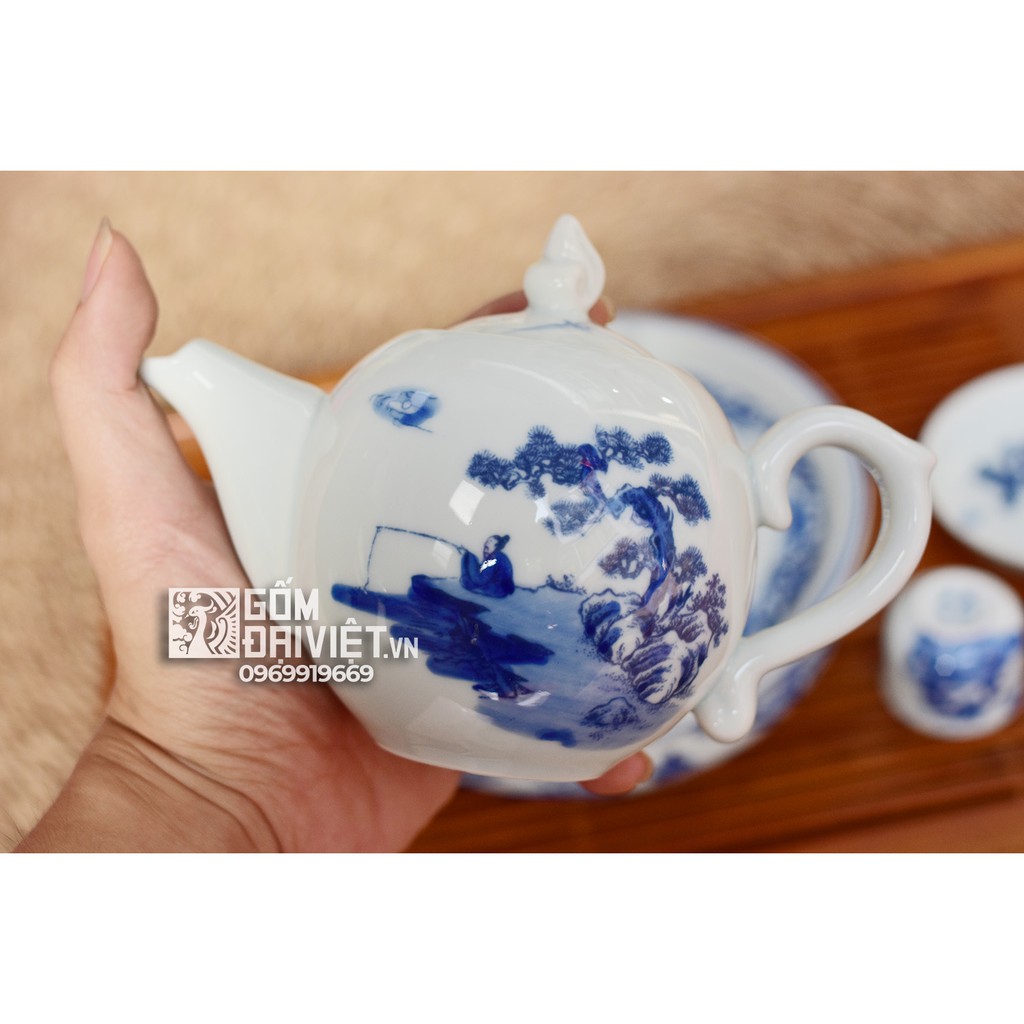 Bộ ấm chén men lam cổ Bát Tràng ông lão đánh cá khay tròn ấm chóp