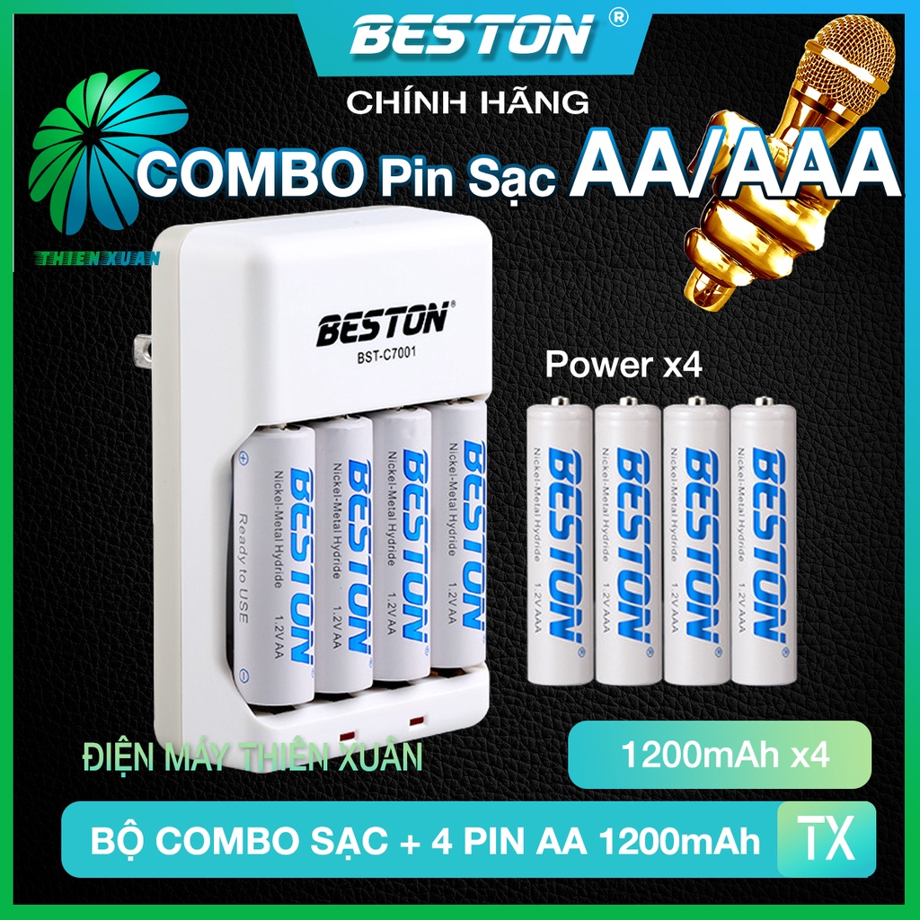 Bộ Sạc + 4 Pin AA Beston 1200mAh cho Micro Karaoke, đồ chơi, đồng hồ treo tường, thiết bị điện tử