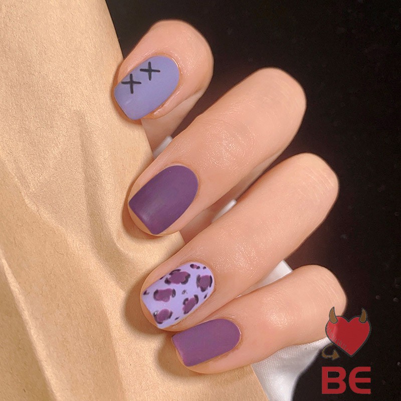 YADORNOS Set 24 Móng Tay Giả Họa Tiết Da Báo Màu Tím Xinh Xắn Kèm Keo Dán