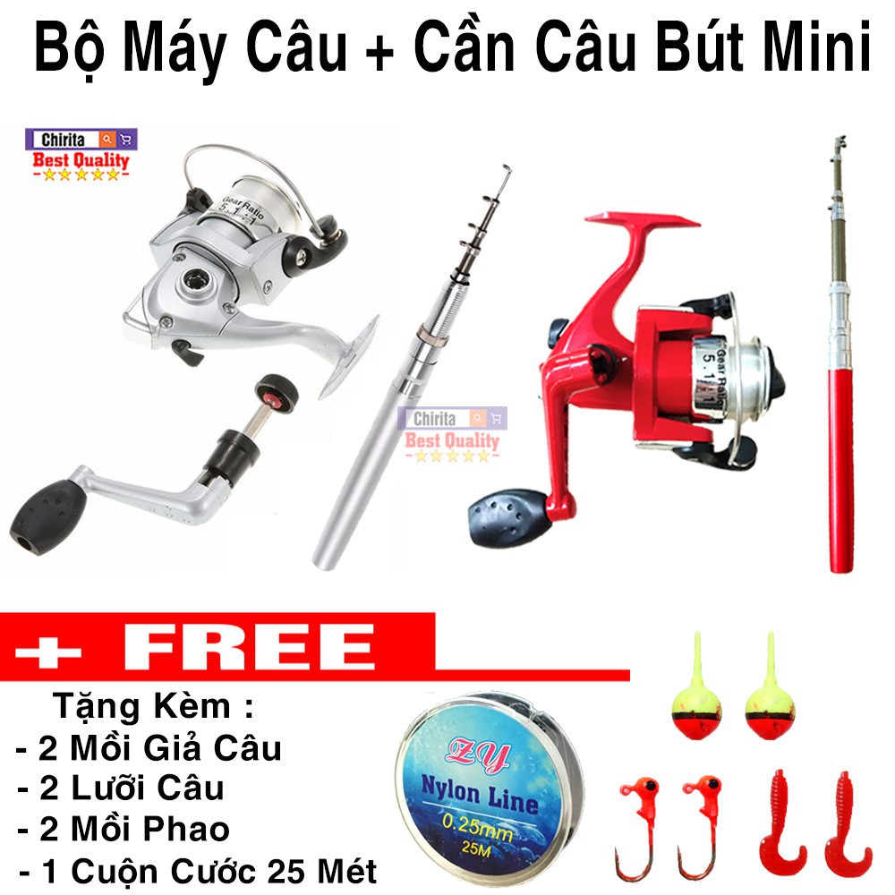 Bộ Cần Câu Máy Câu Mini - Tặng Kèm 2 Lưỡi Câu - 2 Phao Câu - 2 Mồi Giả Câu - 1 Cuộn Cước 25 Mét