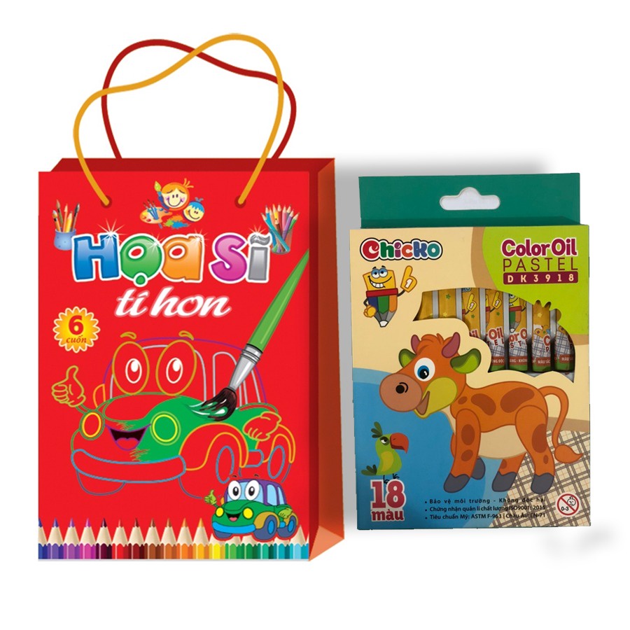 Sách - COMBO: Họa Sĩ Tí Hon (6 Cuốn) + Bút Sáp Dầu 18 Màu (Hộp Giấy)