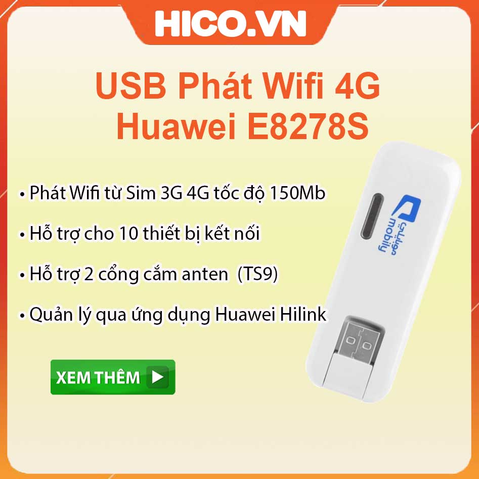  USB Dcom 3G 4G Phát Wifi Huawei E8278 150Mb – Hỗ trợ kết nối 10 thiết bị