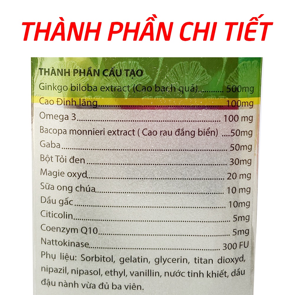 Bổ não Ginkgo Biloba 500mg giảm mất ngủ, đau đầu, hoa mắt, chóng mặt - 100 viên (Brain Ginkgo 500)