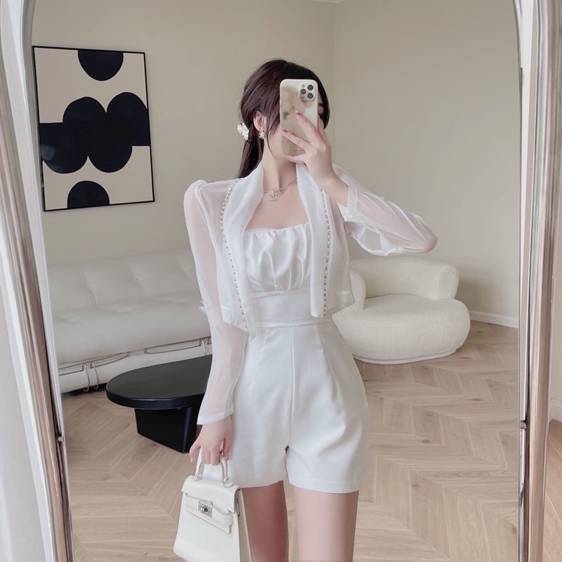 Bộ Áo Liền Quần Ống Màu Trắng Phong Cách Pháp Cổ Điển Thời Trang Mùa Hè Cho Nữ