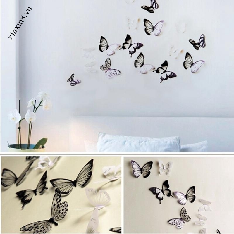 18 Sticker Dán Tường Hình Con Bướm 3d Màu Trắng Đen Dùng Trong Trang Trí Phòng