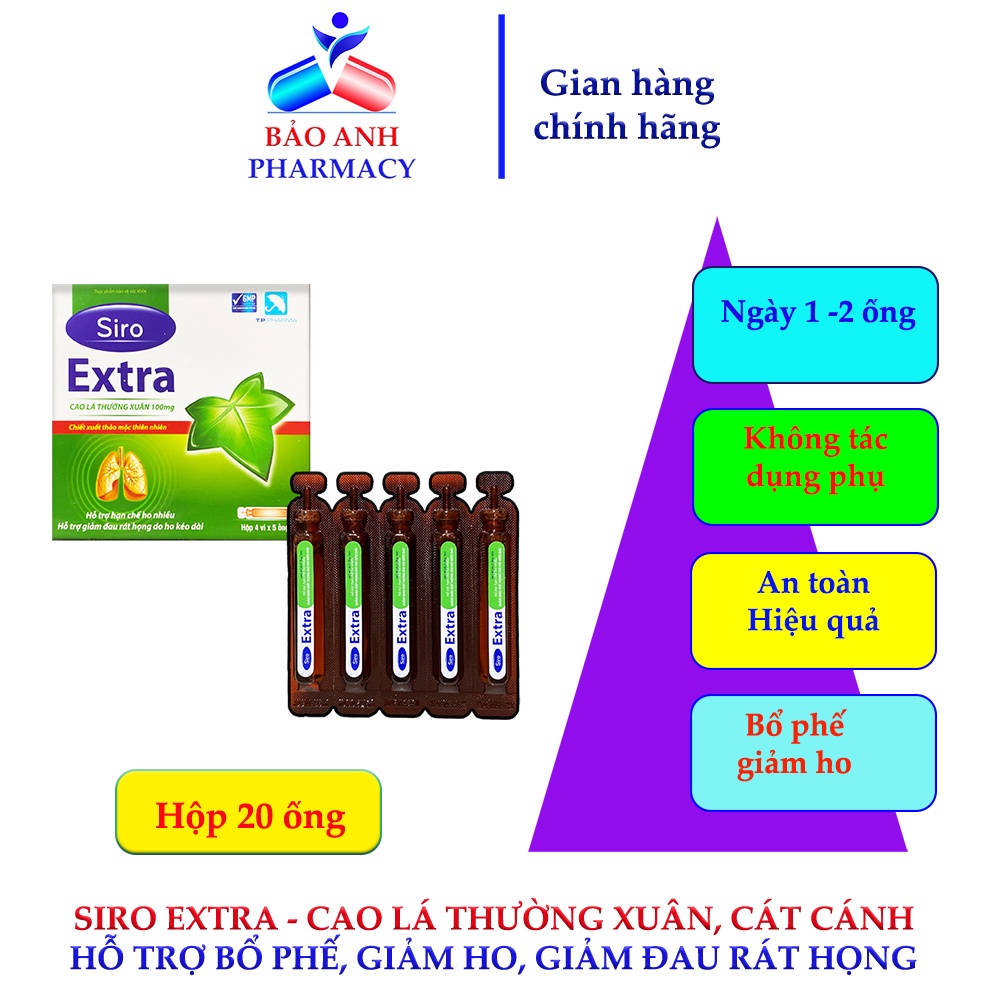 SIRO EXTRA – Chiết xuất thiên nhiên Cao lá thường xuân, Cát cánh, Cam thảo giúp bổ phế, giảm ho, đau rát họng – H 20ống