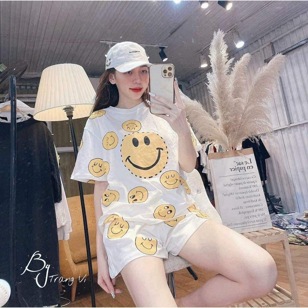 Set đồ bộ thể thao nam nữ unisex in hình mặt cười form rộng, áo thun tay lỡ kèm quần short lưng cao chất cotton mát mịn