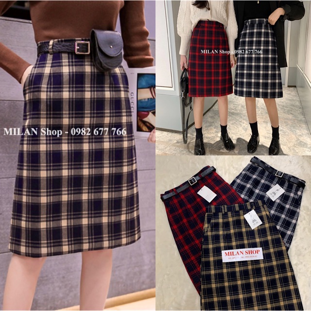 Chân váy dạ kẻ caro có túi kèm đai