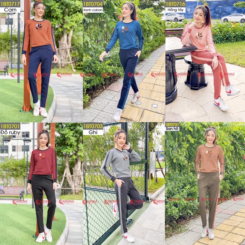 Bộ thu đông nữ Cardina chất cotton dáng thể thao cao cấp họa tiết in lá, tre trung , năng động 1BT07