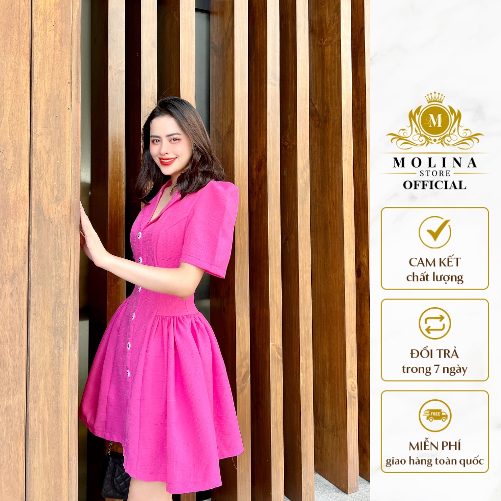 Đầm Dự Tiệc Cổ Vest Molina Dáng Xoè Xếp Ly Đính Khuy Dọc Có Lớp Lót Sang Trọng, Chất Liệu Linen Gỗ Nhẹ Mát