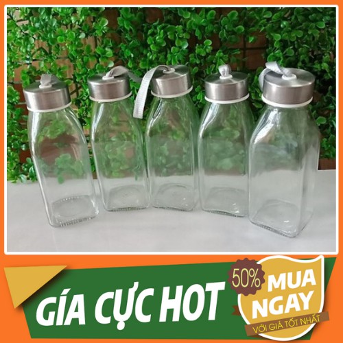 [XÃ LỖ]  CHAI THỦY TINH VUÔNG NẮP CÓ DÂY ĐỰNG SINH TỐ 350ML