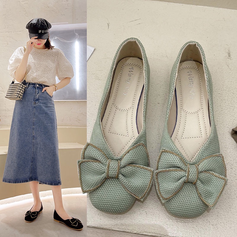 Giày Búp Bê Đế Bằng Miệng Nông Đính Nơ Dễ Phối Đồ Thời Trang Cho Nữ