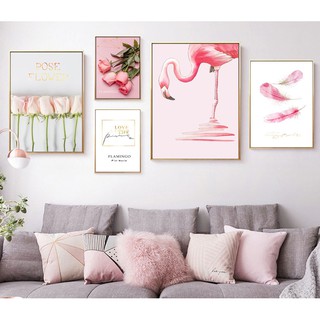 Bộ 5 tranh treo tường HD FLAMINGO ROSE HBO-0127 phủ kim sa tặng đinh treo tranh