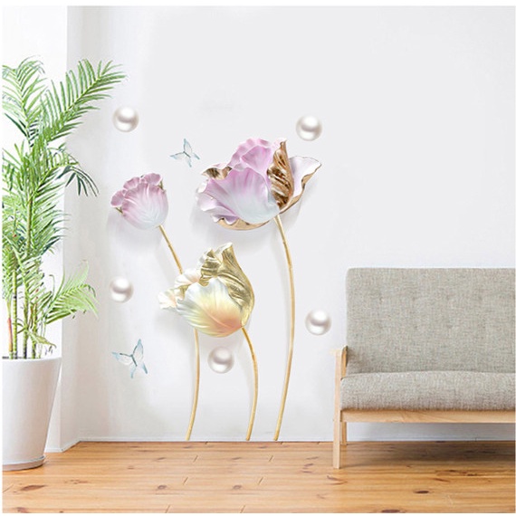 Decal trang trí tường - Hoa hồng ánh vàng và những hạt châu