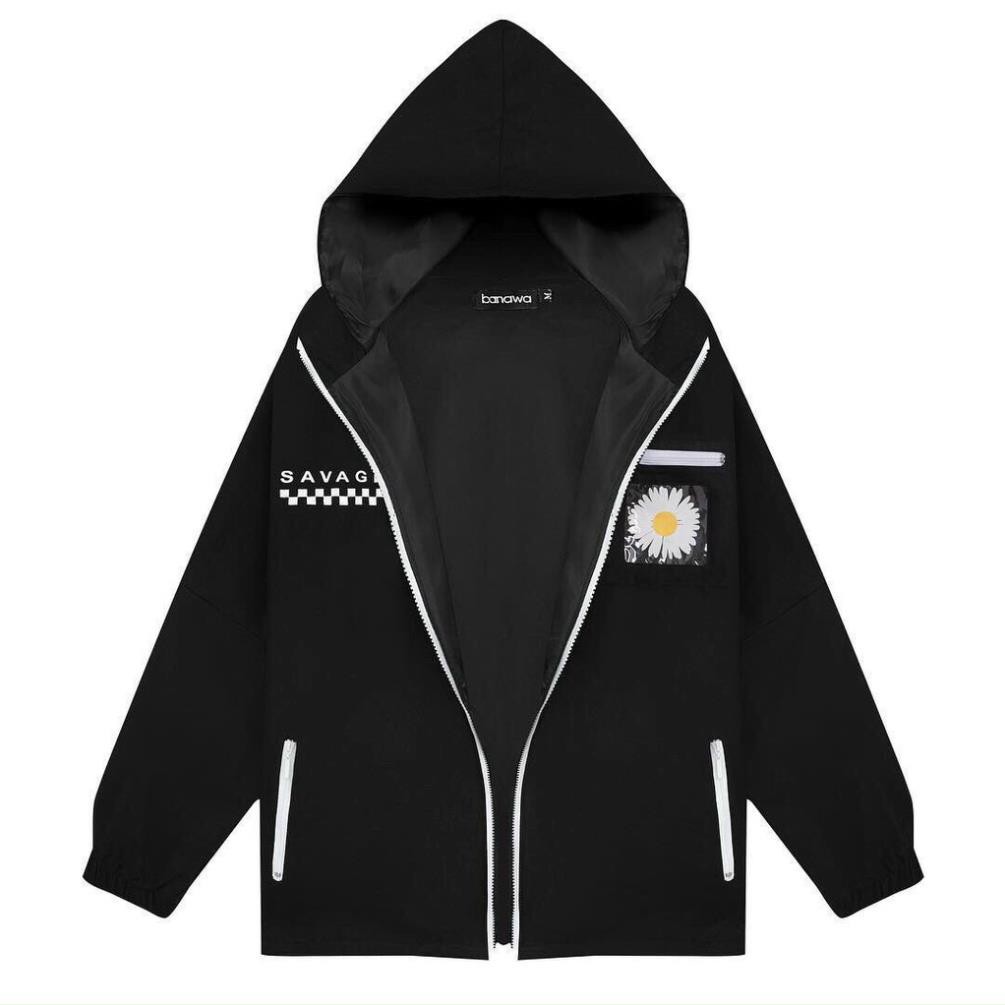 Áo khoác dù in hình hoa cúc SAVA dành cho nam cho nữ có mũ, jacket form rộng có 2 màu unisex ulzzang XUKA SHOP