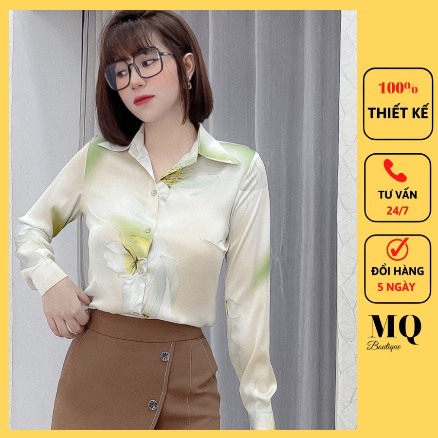 Áo sơ mi nữ lụa dài tay cao cấp công sở họa tiết hoa lan to trắng cánh xanh , áo sơ mi thiết kế MQ Boutique