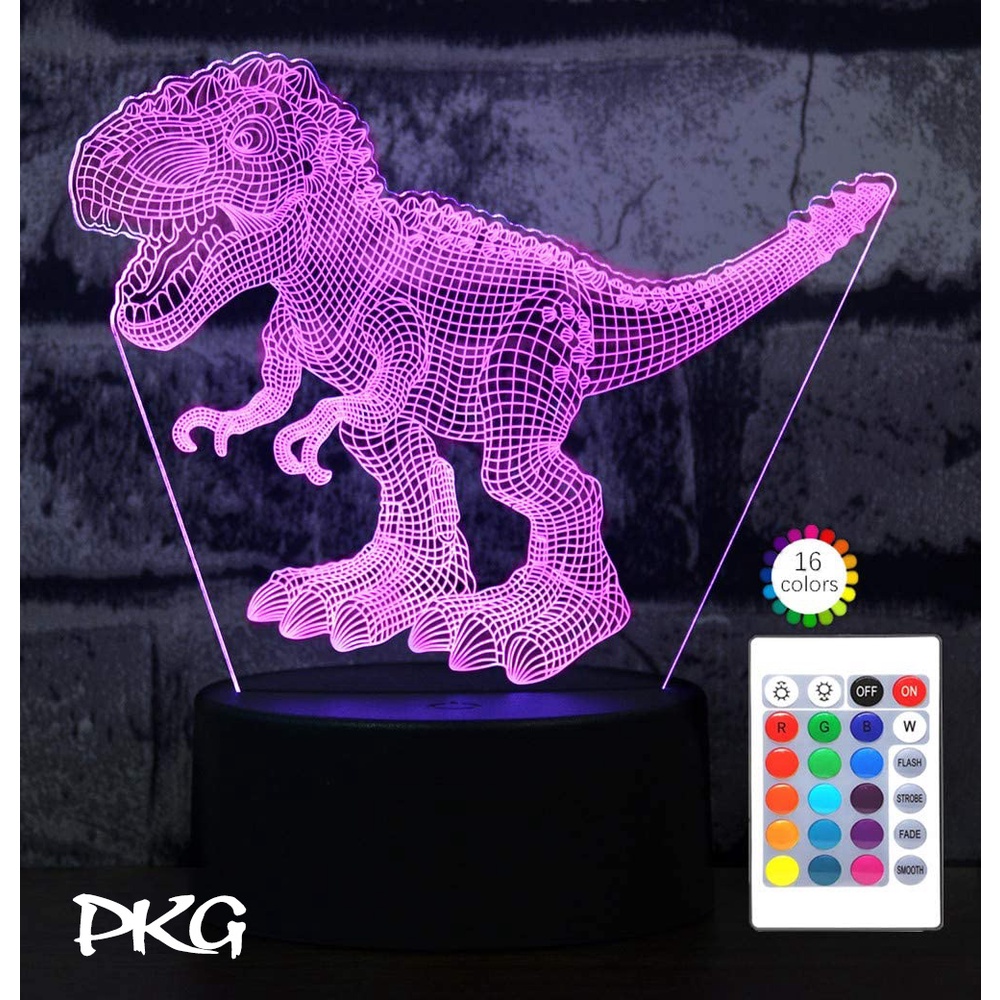 Đèn Ngủ Led 3D Hình KHỦNG LONG BẠO CHÚA T-REX Quà Tặng Trang Trí cảm ứng có Điều khiển từ xa nháy sáng 16 màu