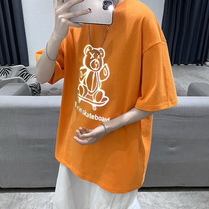 Áo Thun Tay Lỡ phản quang Bear In Skateboard Phản Quang 7 Màu Đa Sắc