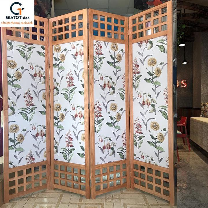 Bình phong, vách ngăn, bằng gỗ tự nhiên nền vải truyền thống GT504