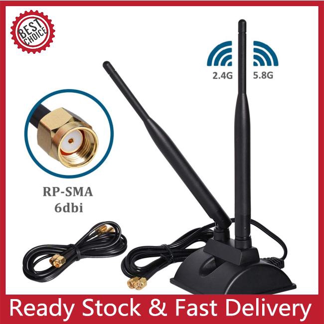 Anten kết nối wifi 6dBi đầu cắm RP-SMA 2 tần sóng 2.4GHz 5GHz có từ tính