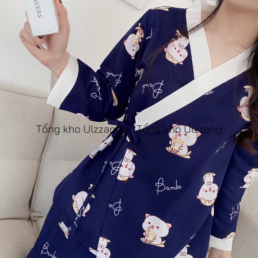 Bộ Pijama Kimono Dài Tay Phối Viền Họa Tiết Dễ Thương Chất Mềm Mịn