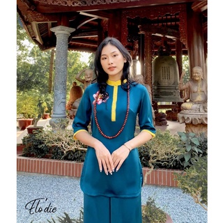 Đồ Lam Đi Chùa, Áo Phật Tử Lụa Ngọc Trai Họa Tiết Thêu Tay (Áo +Quần)