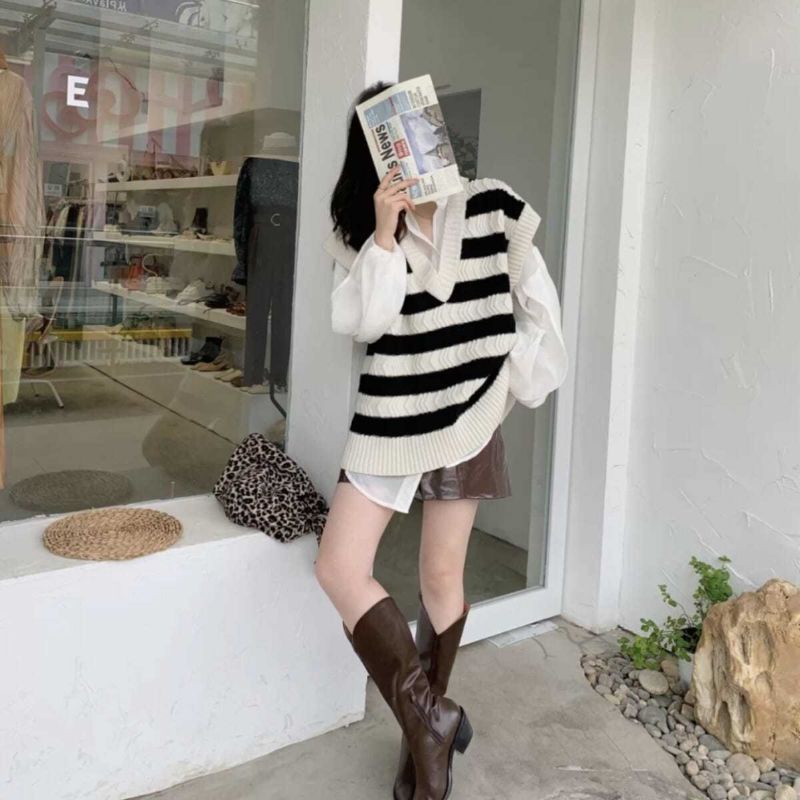 Áo Gile Len Kẻ Ngang Đen Trắng Ulzzang Phong Cách Hàn Quốc H08 ❤️