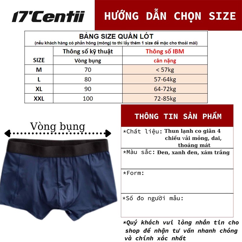 [Mã BMLT35 giảm đến 35K đơn 99K] Quần Lót Nam Boxer Thun Lạnh 17CENTII Cạp Trơn Co Giãn ,Thoáng Khí Thấm Hút Mồ Hôi Tốt