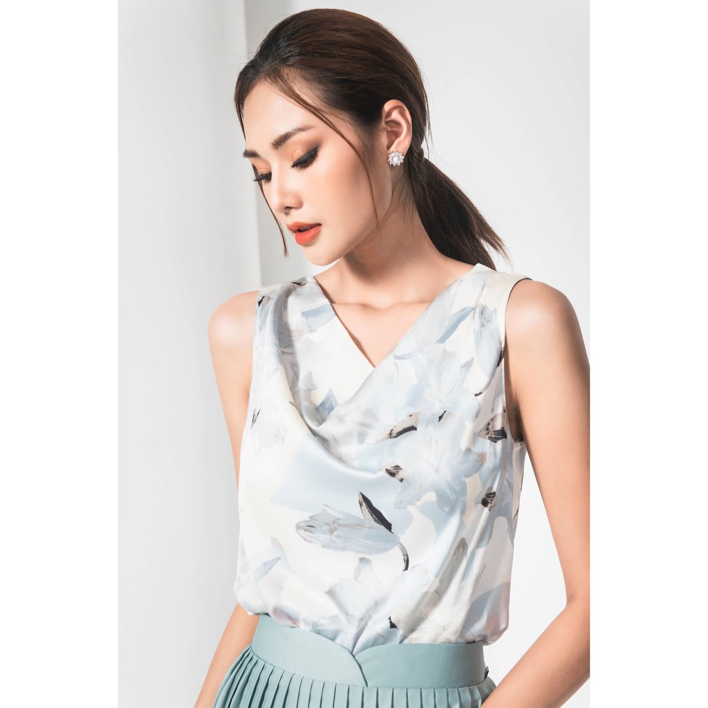 Áo sơ mi nữ sát nách hoa cổ đổ LEIKA