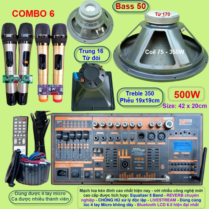 Mạch loa kéo 5 tấc đơn 500W Reverb chống hú DSP Livestream Equalizer 5 Band  kèm 4 tay Micro