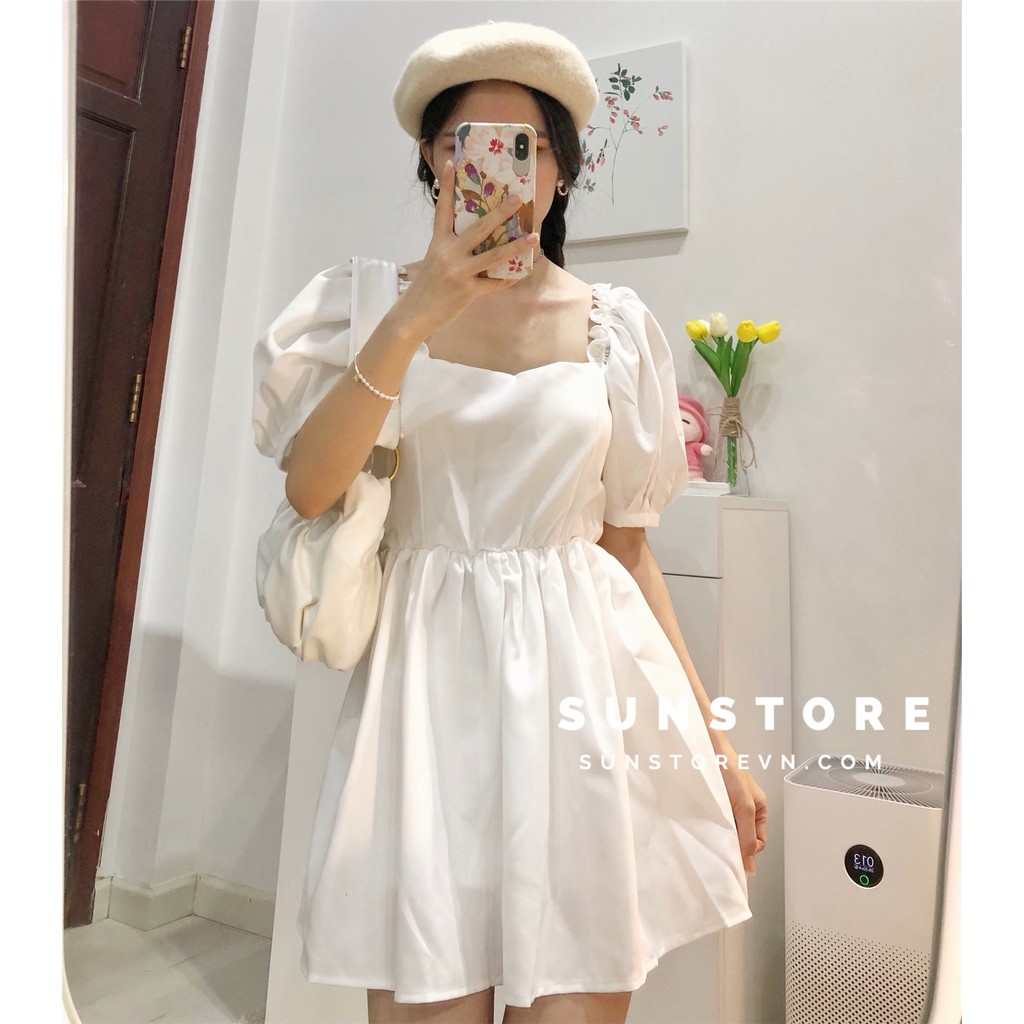 Đầm dự tiệc dáng ngắn mini váy xoè tay bồng trắng tay phồng vai bèo