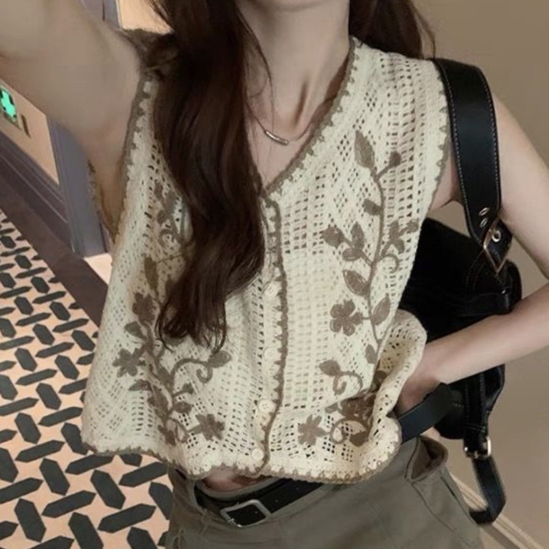 Áo Vest Dệt Kim Thêu Cổ Điển 198526 Áo Khoác Len Không Tay Cổ Chữ v Phong Cách Hàn Quốc