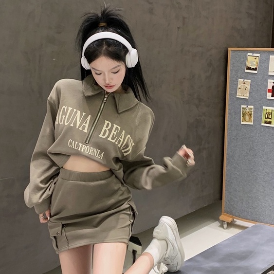 Bộ Áo Sweater Tay Dài Khóa Kéo Nửa In Chữ + Chân Váy Lưng Cao Thời Trang Mùa Thu Phong Cách Hàn Quốc Cho Nữ