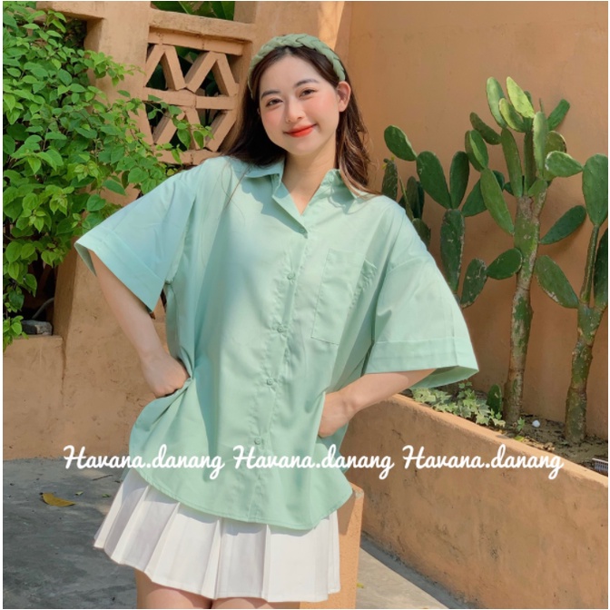 Áo kiểu nữ cộc tay babydoll form rộng A8211 xẻ tà bánh bèo túi ngực ulzzang hàn quốc màu xanh trắng cao cấp - CHAKOVET