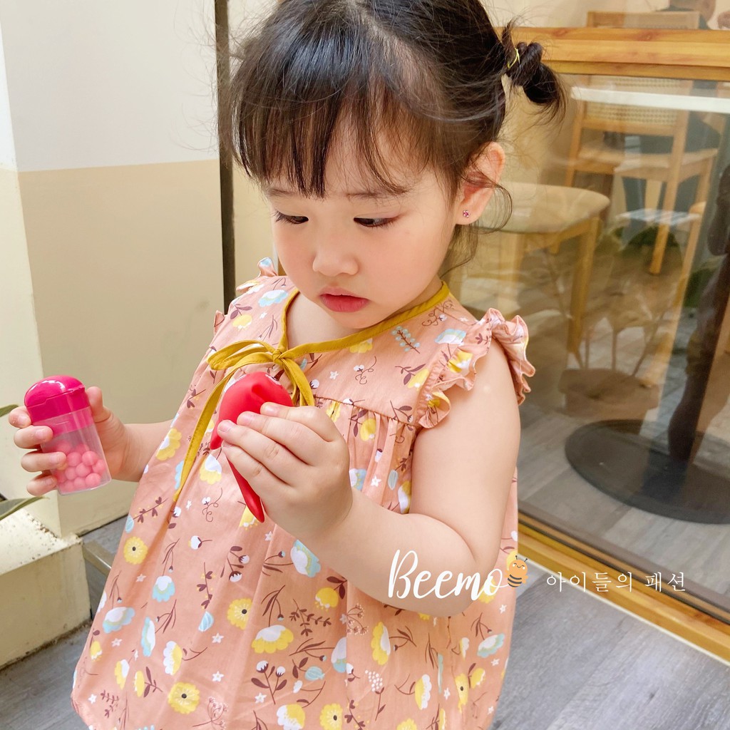 Set bộ Beemo bé gái - Chất liệu thô thoáng mát, Form áo baby doll, tay viền bèo và cổ thắt nơ điệu đà ST01