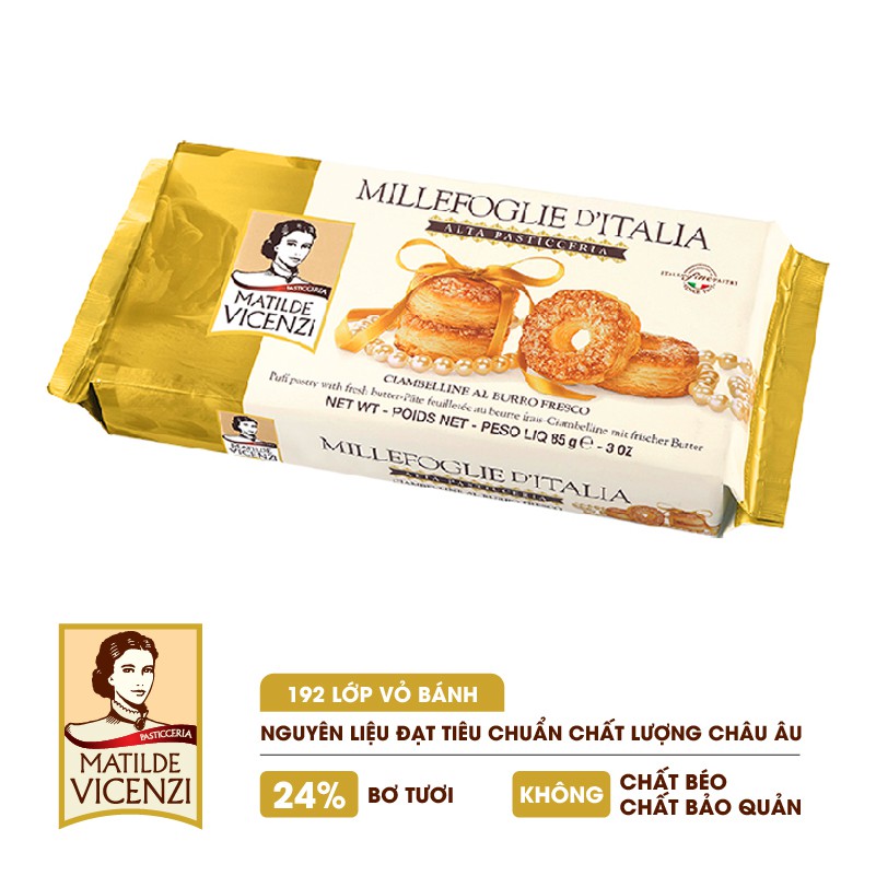 Bánh puff pastry que vị bơ, phủ đường và bơ tươi Millefoglie Ditalia Classiche Vicenzi Ý 125g