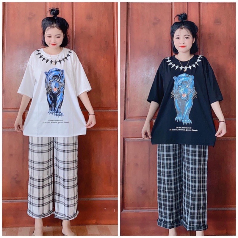 [Rẻ Vô Địch] Sét Bộ Áo Phông In Hình Quần Culottes Kẻ Ống Rộng 🦋FREESHIP🦋 Set Áo Thun Cộc Tay In Hình Hổ Kèm Quần Dài | BigBuy360 - bigbuy360.vn