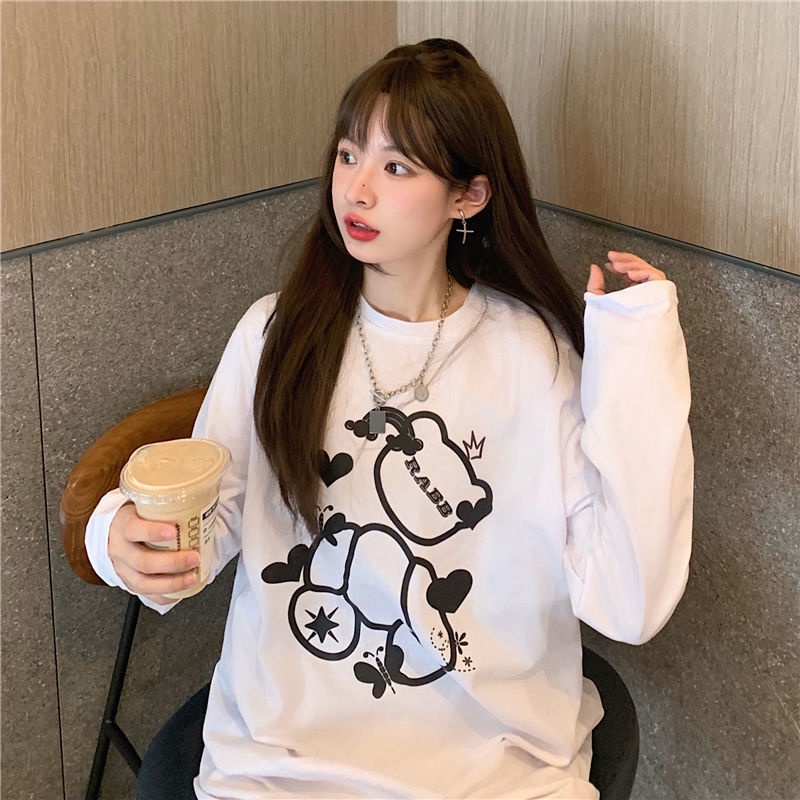 Jiashucheng Áo Thun Tay Dài Cổ Tròn Dáng Rộng In Hình Gấu Dễ Thương Phong Cách Nhật Bản