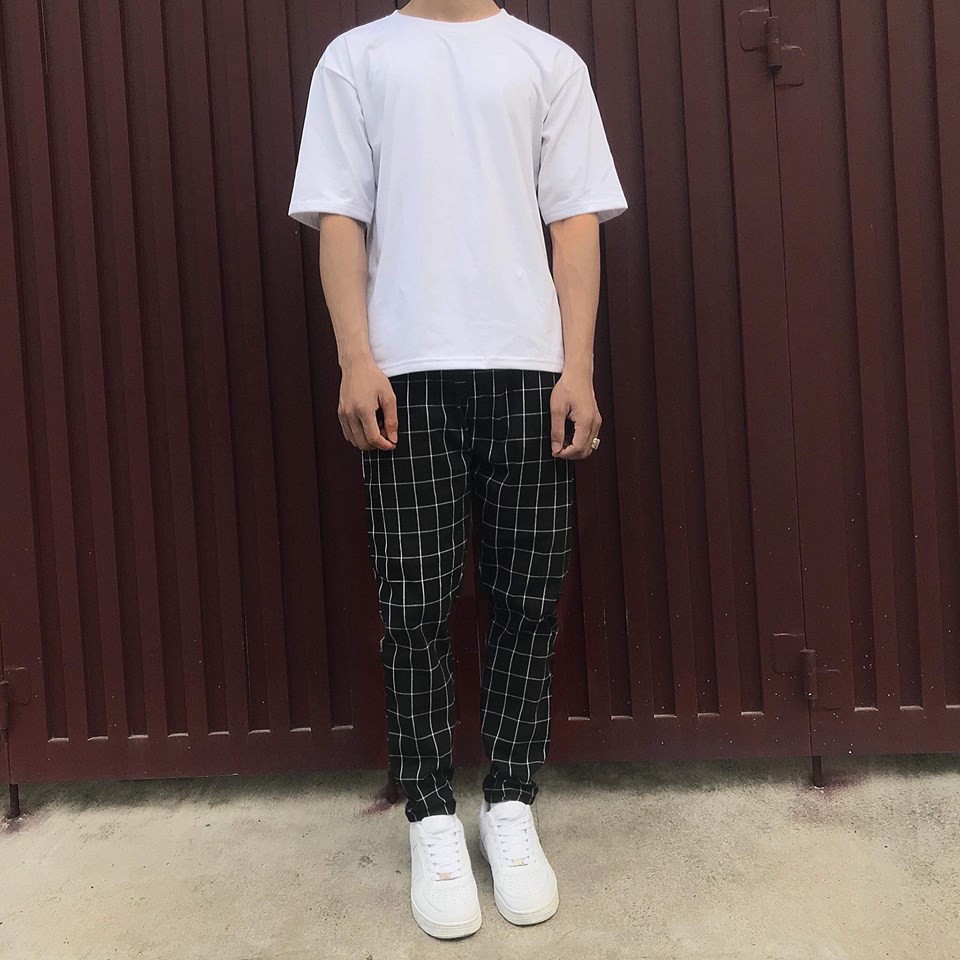 Quần baggy pant caro V2 sọc trắng ống suông lưng thun basic unisex nam nữ