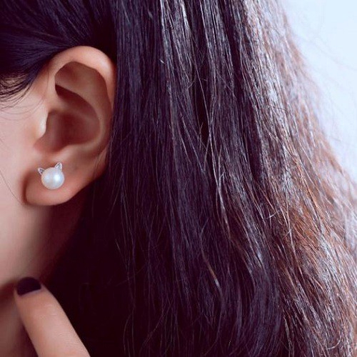Bông Tai Hình Mèo Đính Ngọc Trai Đơn Giản Phong Cách Hàn Quốc